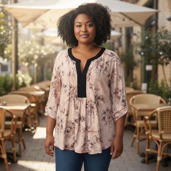 DR2 Floral Top Womens Size 2X Blush Peach & Black Relaxed Pullover Blouse - Picture 1 of 10